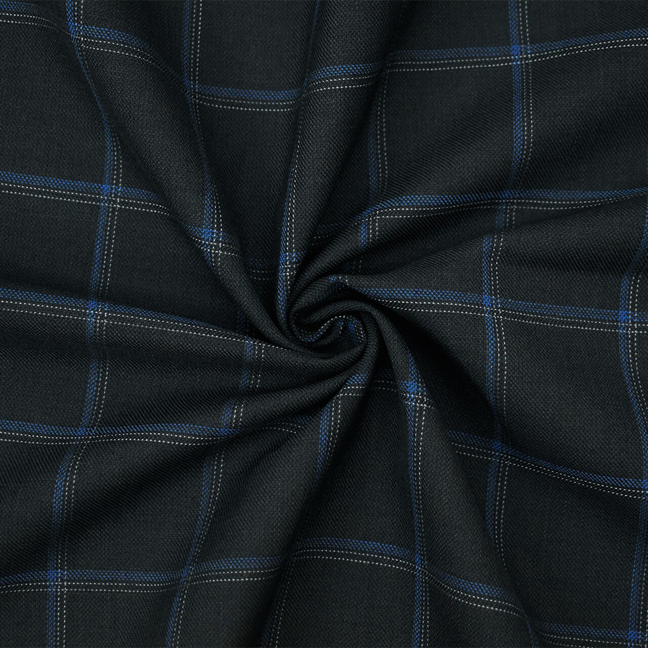 Black-Gray-Blue Poly-Wool Check-Plaid Shirting Twill Woven Fabric By the Yard